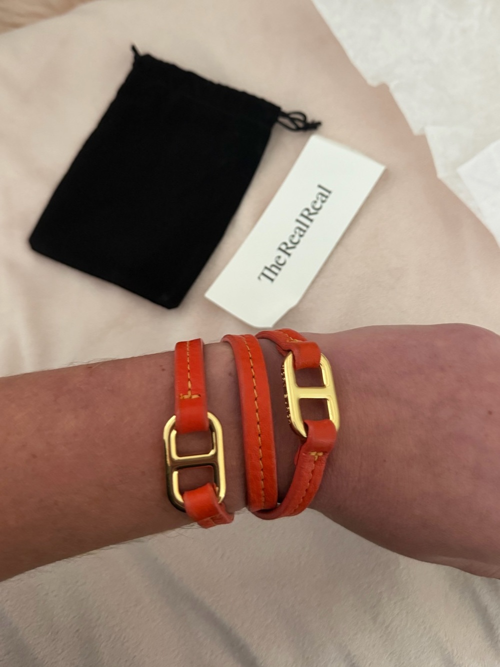 Tory Burch Orange Double-Wrap Leather Bracelet with Gold Hardware